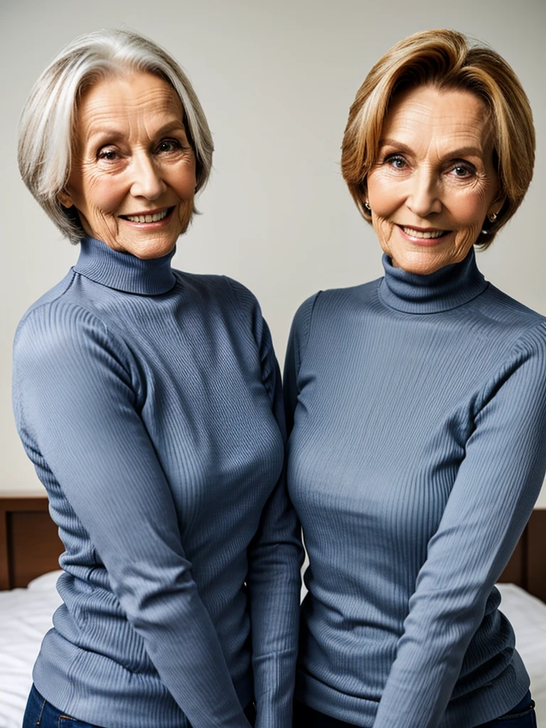 photo of 2 different old wrinkly grannies, both are skinny mature old wrinkly ladies, wearing tight ribbed turtleneck tops