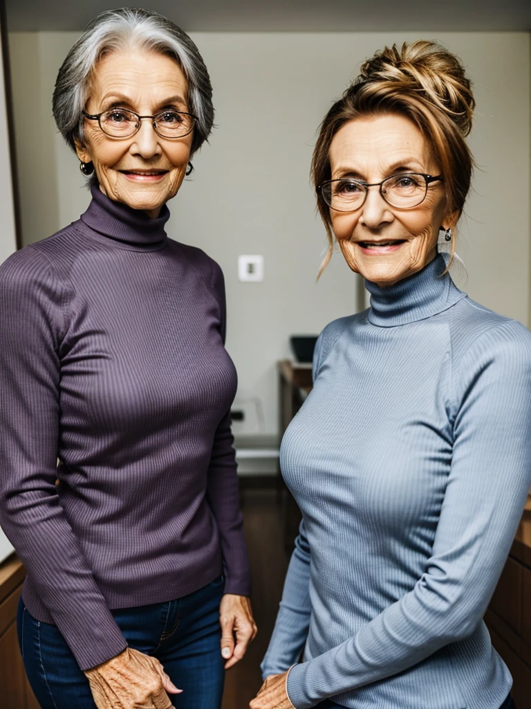 photo of 2 different old wrinkly grannies, both are skinny mature old wrinkly ladies, wearing tight ribbed turtleneck tops