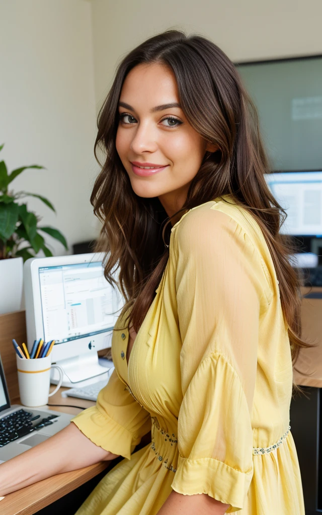 beautiful woman, dengan rambut tebal panjang wavy , a radio announcer, wearing jeans , blouse berwarna abu , sitting in the radio studio 