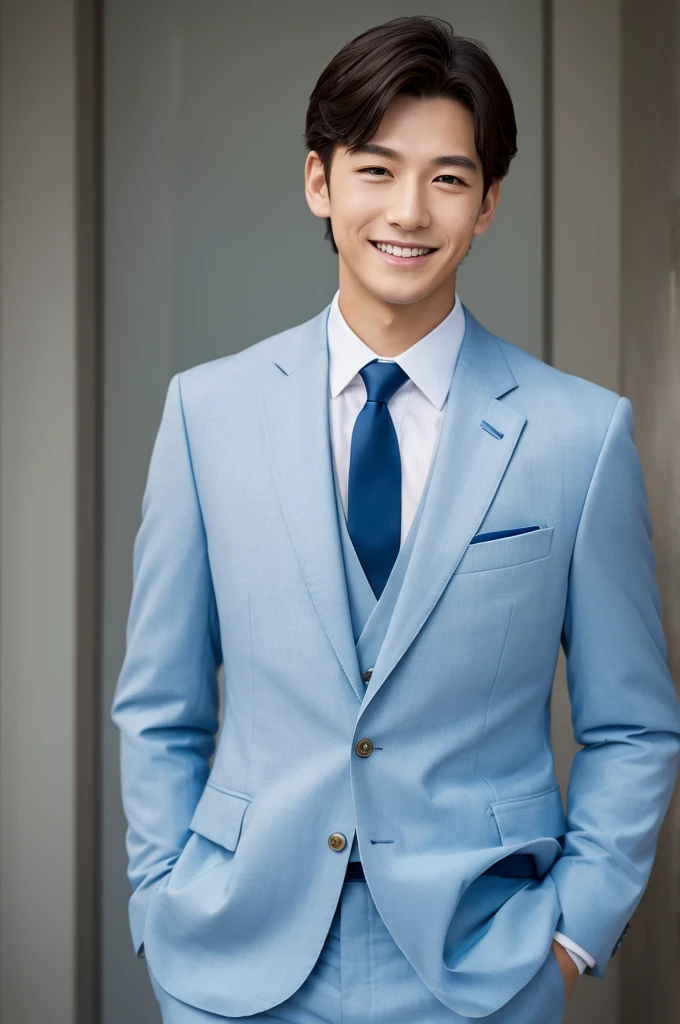 (masterpiece:1.1),(best quality:1.1),1 boy,soft light,man jxx,smile,look at the ,Navy suit jacket, light bluetie,japn