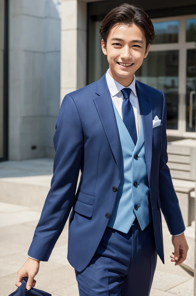 (masterpiece:1.1),(best quality:1.1),1 boy,soft light,man jxx,smile,look at the ,Navy suit jacket, light bluetie,japn