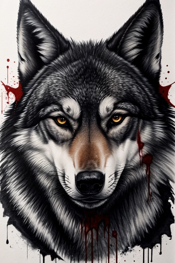 Please help me draw a picture with a wolf's face, but only the left half of the face is visible from the right corner. The background is a pool of blood. Draw in a horror style