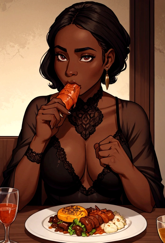 dark skin woman eats dinner