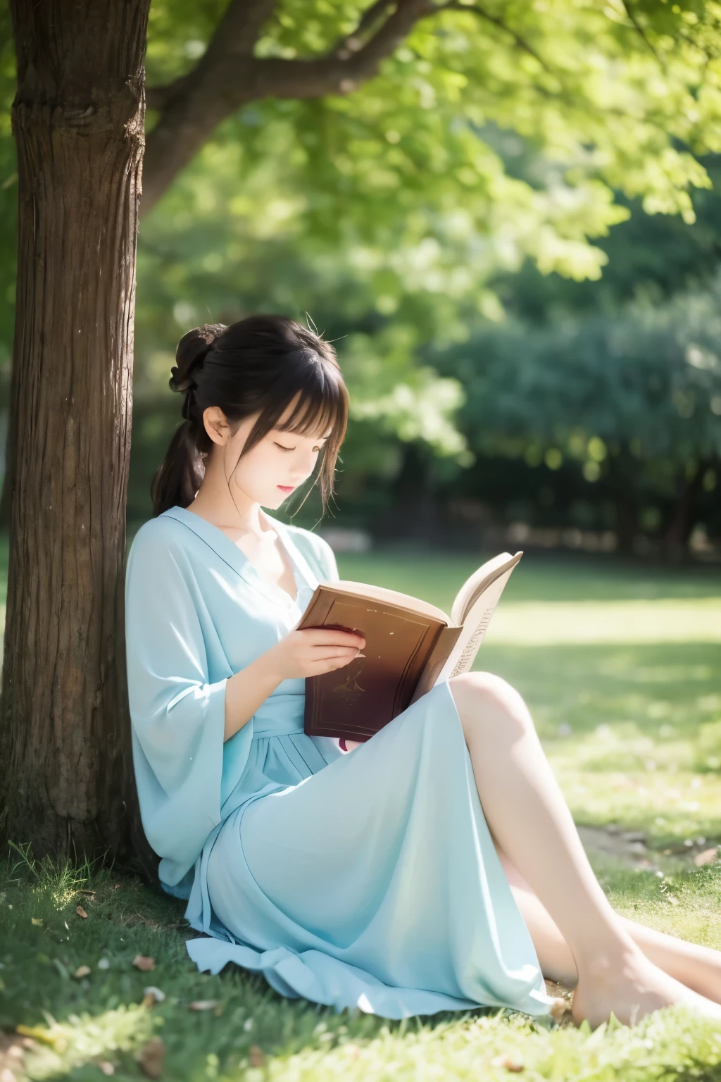 “Create an image of a Japanese girl reading in the park. She appears relaxed, engrossed in her books, and wears a lovely dress.”she is wear summer dress, and pure