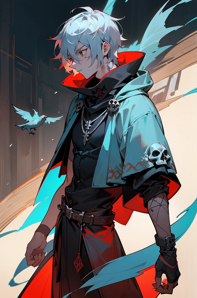 light blue for good, gray for manipulative, and red for psychopathic. He has a notable scar across his right cheek and smaller ones on his arms and torso, with tattoos of shadows and mystical symbols on his forearms and back. He wears personality-matching outfits: light battle clothes in blue and silver with a bird-like cape for good; fitted black leather robes with silver details and a hooded cloak for manipulative; and dark red leather armor with shoulder spikes and a tattered cape for psychopathic. His accessory is a necklace that changes symbols (flower, snake, skull) with his personality. Unique physical changes occur with each personality, such as posture, facial expression, and movement. The setting is a medieval urban environment with wooden architecture, stone streets, paper lanterns, and bustling markets.