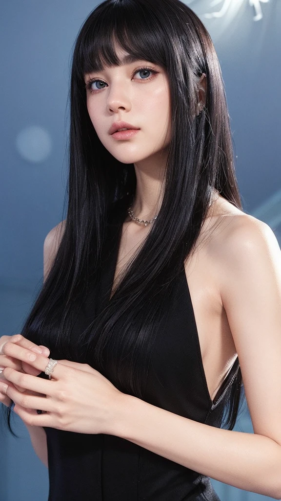 A woman in a black suit taking a selfie in a cozy, highly detailed and photorealistic scene, with an extremely detailed and complex background, best quality masterpiece illustration, beautiful eyes, delicate face, perfect details, and best lighting, 4K, 8K, super detailed CG, real, octane render