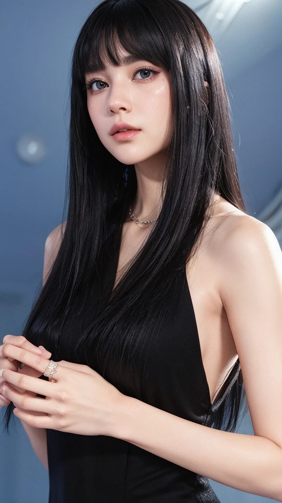 A woman in a black suit taking a selfie in a cozy, highly detailed and photorealistic scene, with an extremely detailed and complex background, best quality masterpiece illustration, beautiful eyes, delicate face, perfect details, and best lighting, 4K, 8K, super detailed CG, real, octane render