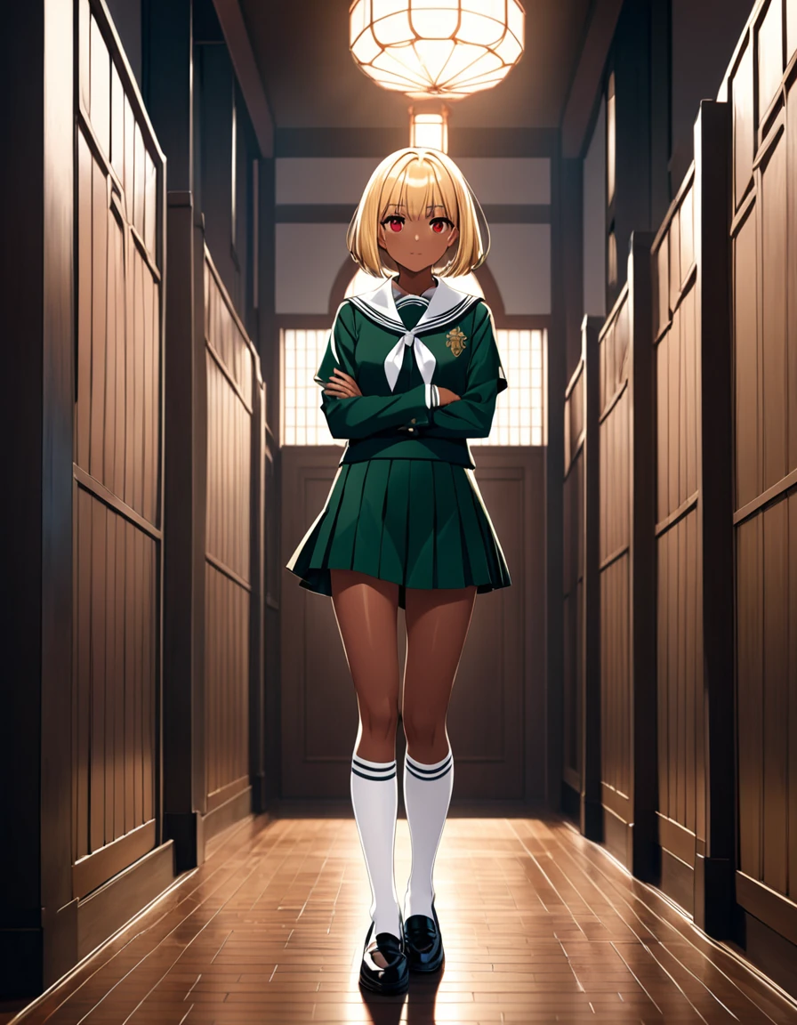((masterpiece, Highest quality)), High resolution, 8K, Cinematic Light, High Contrast, Depth of written boundary, A 17-year-old Japanese girl, Catholic high school student, blonde bob cut, beautiful red eyes, neatly aligned bangs, tanned chocolate skin, black gal style, traditional dark green sailor uniform, white tie, white sailor collar, white socks, loafers, full body, standing with a confident expression, arms crossed, perfect lighting,