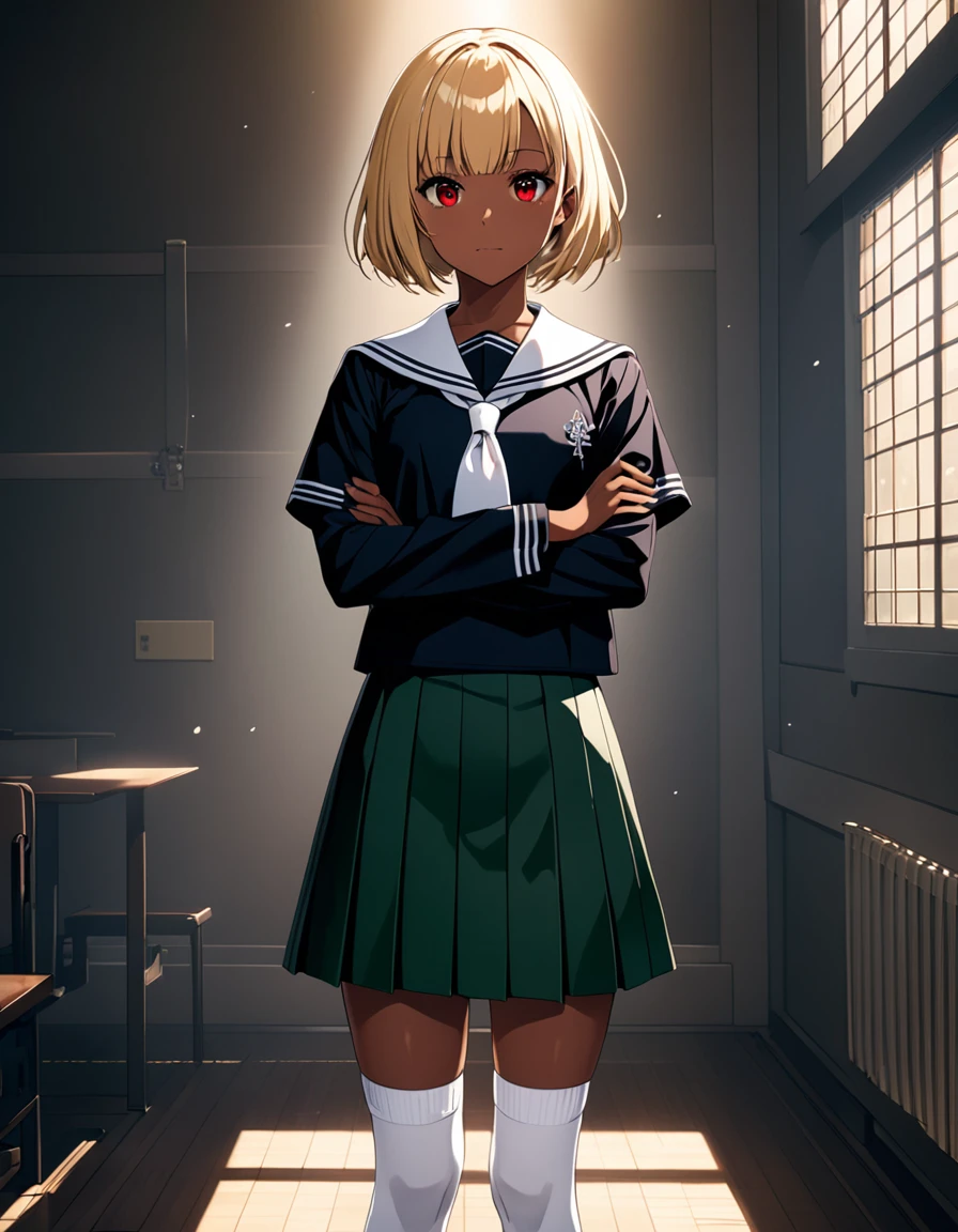 ((masterpiece, Highest quality)), High resolution, 8K, Cinematic Light, High Contrast, Depth of written boundary, A 17-year-old Japanese girl, Catholic high school student, blonde bob cut, beautiful red eyes, neatly aligned bangs, tanned chocolate skin, black gal style, traditional dark green sailor uniform, white tie, white sailor collar, white socks, loafers, full body, standing with a confident expression, arms crossed, perfect lighting,