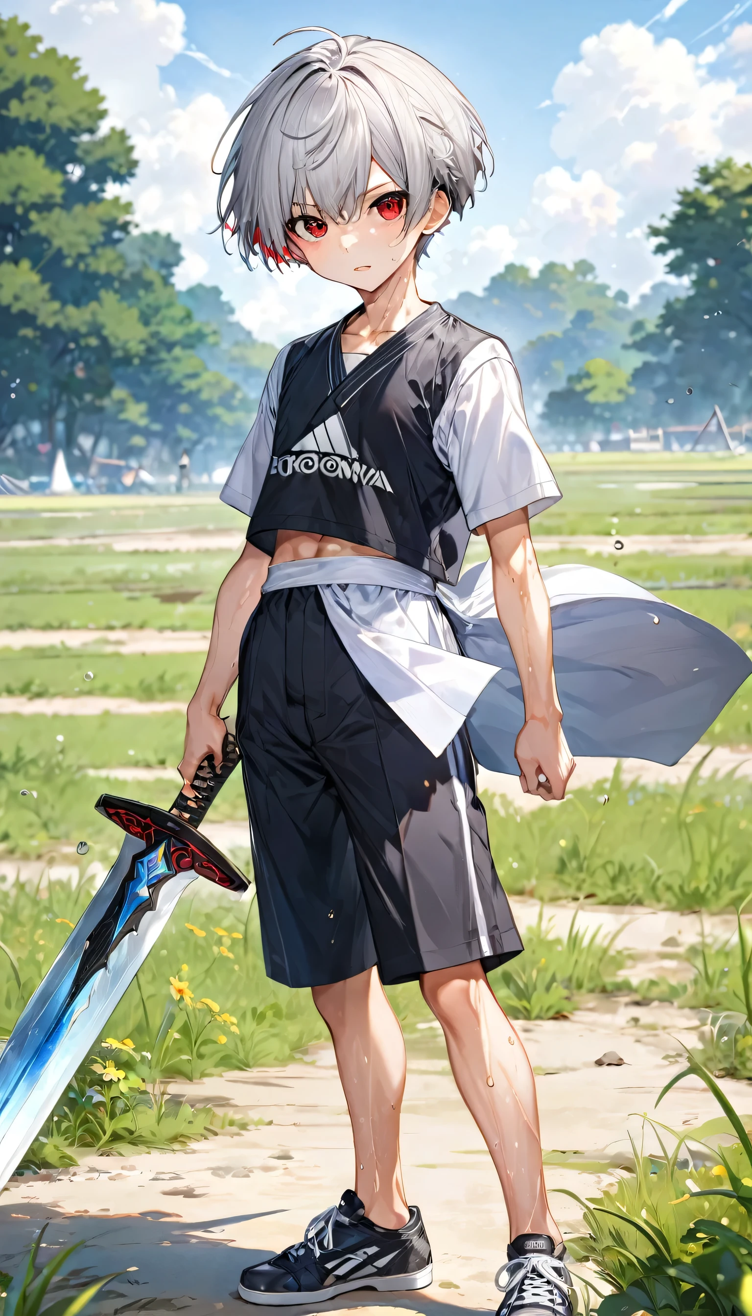 (Sword Training style) (both hands holding a detailed long sword), (full body standing fighting:1.3 pose) ( yo, solo crew cut silver hair very short hair divine sword fighter boy, detailed serious red eyes, sweaty;1.2 skin, serious face, flat chest), (in a summer training uniform), break, (in the battle training field), BREAK, perfect anatomy, masterpiece, best quality, 16k, beautiful detailed grow, daydreaming expression.