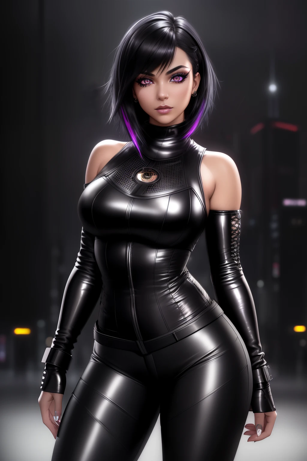beautiful girl, ((Stand:1.4)), (Confident Look:1.1), Full body, short, neon-streaked black hair, ((large light realistic highly Detailed eyes:1.4)), ((seductive pose:1.2)), black eyeshadow, (Street style clothing:1.2), ((tight fitting pants)), ((knee-high leather boots)), (dark city night black background:1.4), dunkles Make-up, digital art, Trends on Artstation, highly Detailed, Feines Detail, complicated, beautiful Detailed glow, Detailed, cinematic light, High Resolution, Detailed facial features, keen focus, smooth, Esthetic,