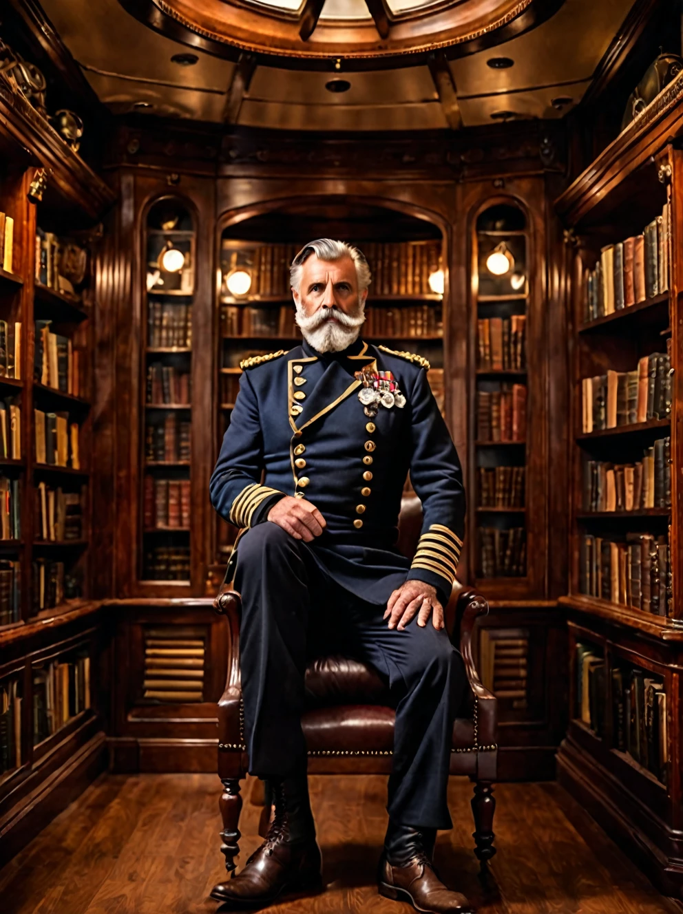 photo focus on male focus, indoors, realistic scenery, (captain nemo:1.1), in his library, small library onboard the nautilus , close-up, arch, chair, loaded military uniform, steampunk nautilus-style. very wide shot, character photo portrait, film, professional, 4k, highly detailed