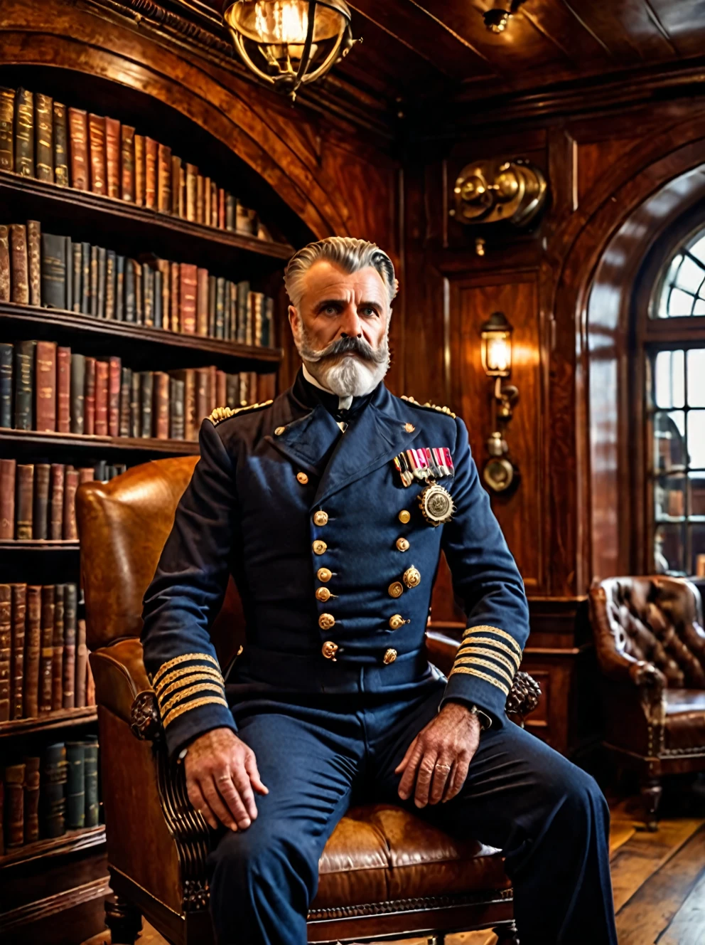 photo focus on male focus, indoors, realistic scenery, (captain nemo:1.1), in his library, small library onboard the nautilus , close-up, arch, chair, loaded military uniform, steampunk nautilus-style. very wide shot, character photo portrait, film, professional, 4k, highly detailed