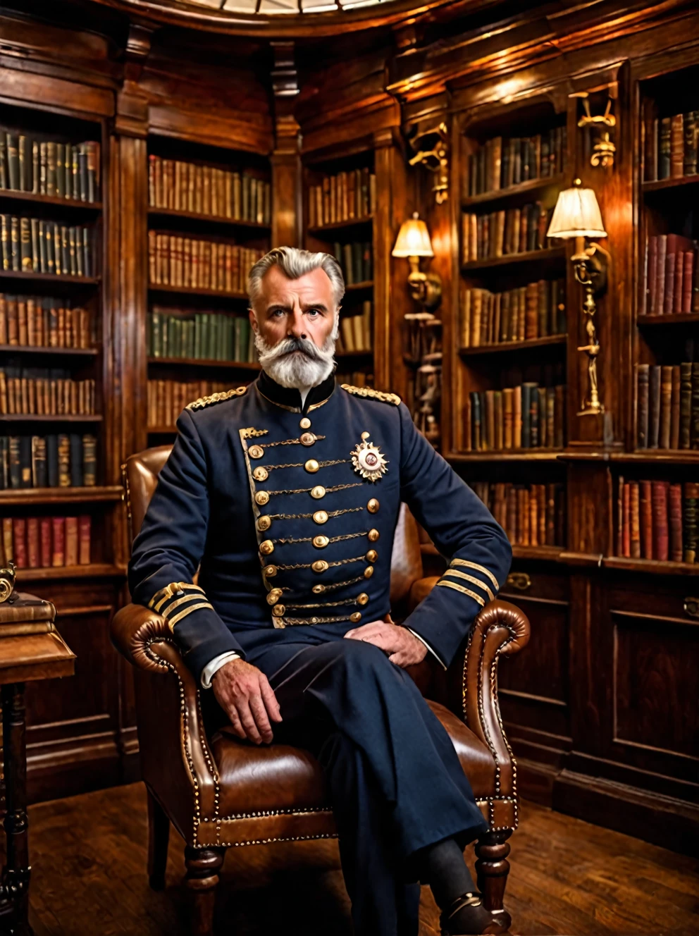 photo focus on male focus, indoors, realistic scenery, (captain nemo:1.1),   in his library, small library onboard the nautilus ,  close-up, arch, chair, loaded military uniform, steampunk nautilus-style. very wide shot, character photo portrait, film, professional, 4k, highly detailed