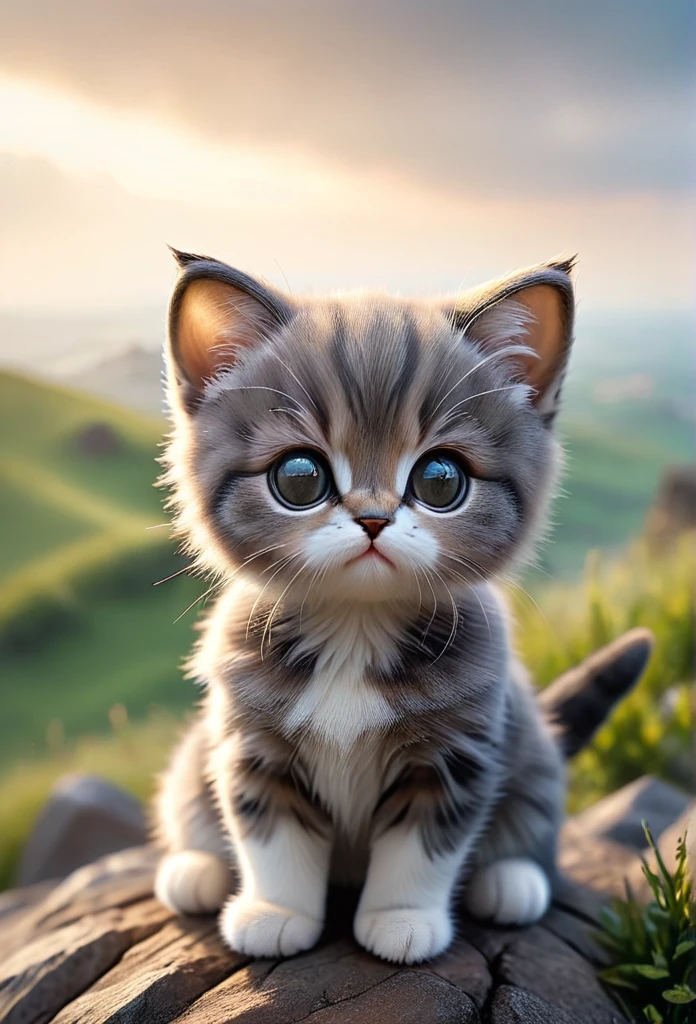 (((award winning photo))) of a baby cat sits on a hill,(sharp focus:1.2),DOF,zhibi, (masterpiece, best quality),(sharp focus:1.2),(photorealistic),(intricate details),unity 8k wallpaper,ultra detailed,