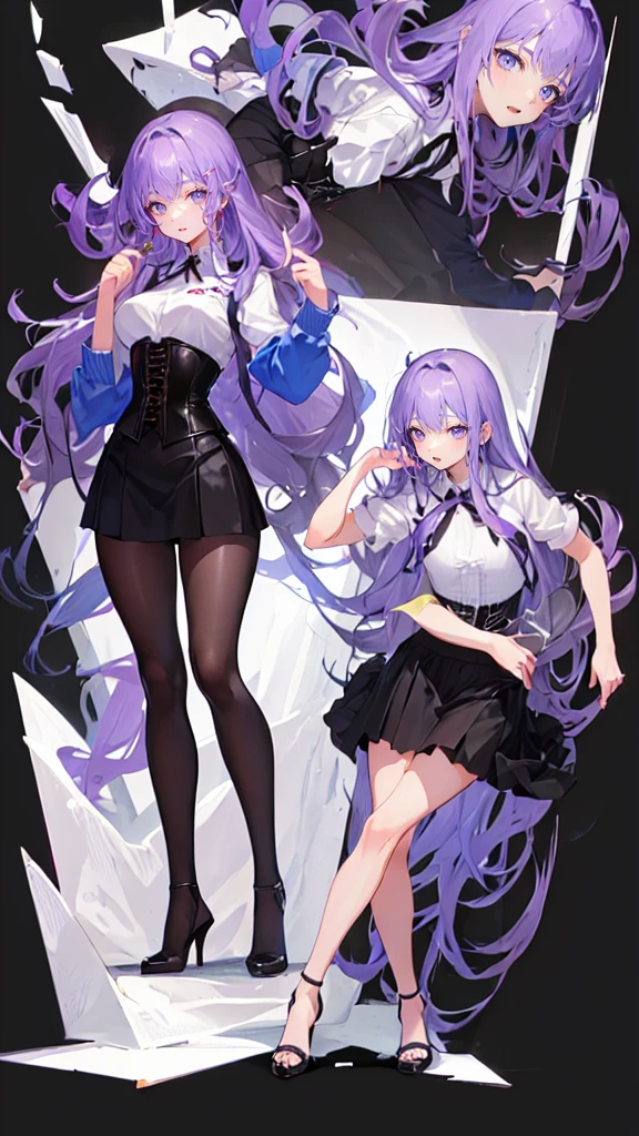 Purple Hair,Super long hair with volume,Adult female,(suit),White Y-shirt,((Rolling up his sleeves)),(corset),(Black skirt),(Slim silhouette skirt),(High heels),Heels are visible,((Simple white background)),smile,((whole body)),((full body)),Character Sheet,