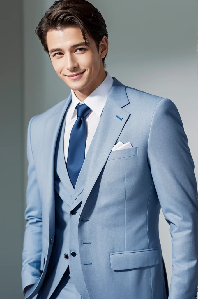 (masterpiece:1.1),(best quality:1.1),1 boy,soft light,man jxx,smile,look at the ,Navy suit jacket, light bluetie,japn