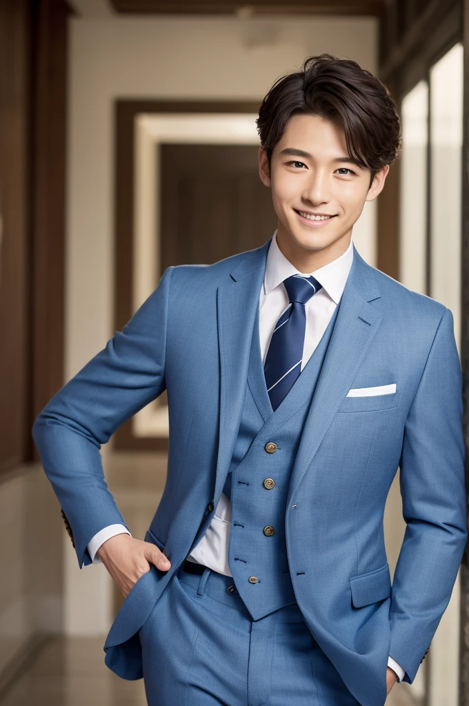 (masterpiece:1.1),(best quality:1.1),1 boy,soft light,man jxx,smile,look at the ,Navy suit jacket, light bluetie,japn