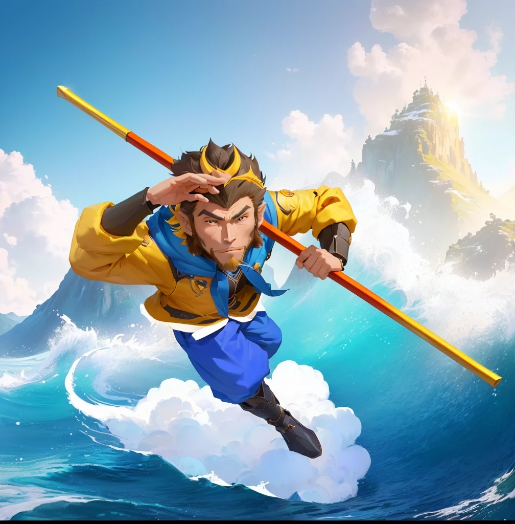A cartoon illustration of a man in a jacket and blue pants holding a pole, sun wukong, wukong, Sun Wukong, Journey to the West, Humanoid monkey fantasy race, Official Art, hold head high, avatar hold head high, Fan Art, Mobile Game Art, Headquarters Artwork, mana in the air, Inspired by Hu Zaobin