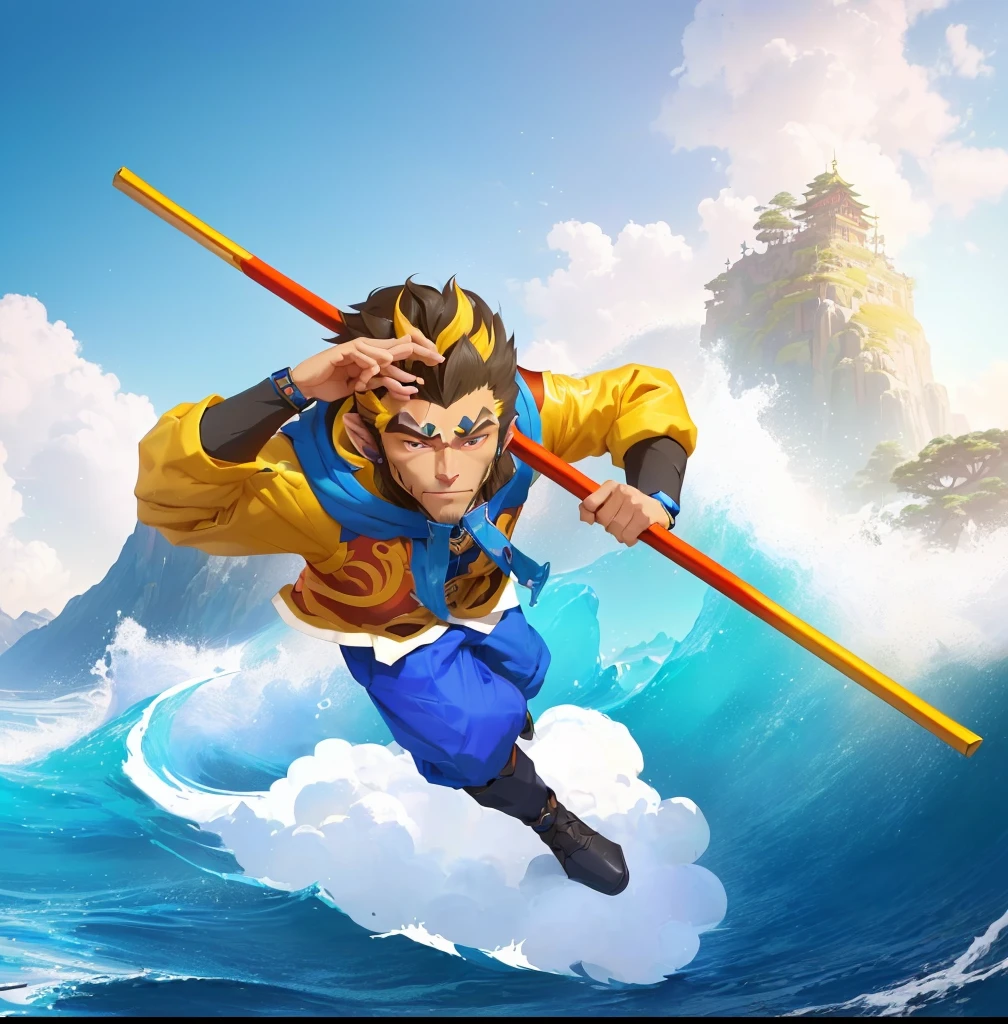 A cartoon illustration of a man in a jacket and blue pants holding a pole, sun wukong, wukong, Sun Wukong, Journey to the West, Humanoid monkey fantasy race, Official Art, hold head high, avatar hold head high, Fan Art, Mobile Game Art, Headquarters Artwork, mana in the air, Inspired by Hu Zaobin