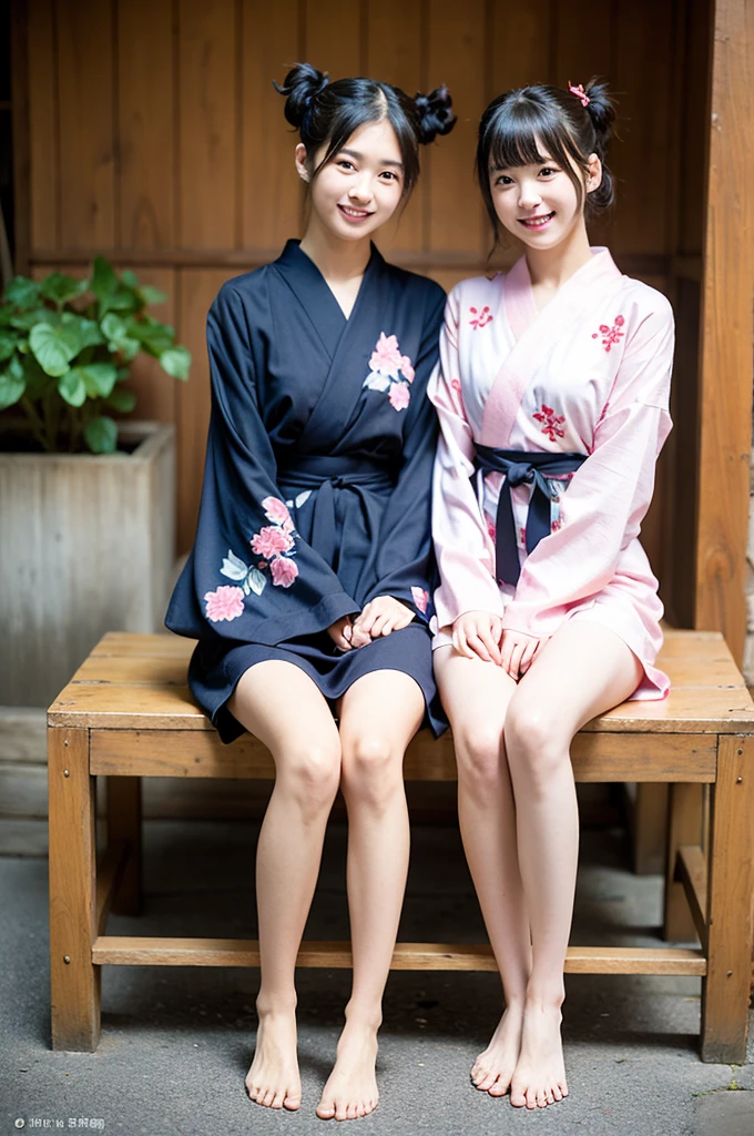 2 girls on wooden bench in old-Japanese street,floral pink yukata with indigo obi,18-year-old,bangs,a little smile,thighs,knees,short hair and low pigtails with red ribbon bow,from before,front light