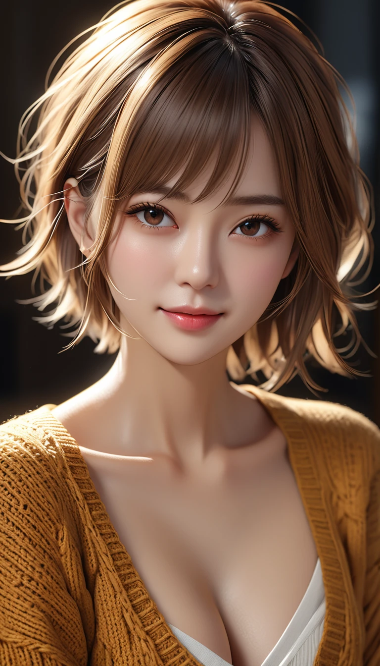 (​masterpiece:1.3), (8K, Photorealsitic, Raw photography, Top image quality: 1.4), (Random hairstyles:1.2)、cleavage of the breast:1.5、Super Detail Face、Eye of Detail、double eyelid、Bring your chest together、sharp focus:1.2、pretty woman:1.4、light brown hair、top-quality、​masterpiece、超A high resolution、(Photorealsitic:1.4)、Highly detailed and professional lighting smile、Loose and light knitwear、Shoulder out、slender、serious  expressed、Fatal position