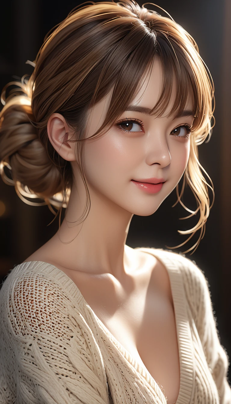 (masterpiece:1.3), (8K, Photorealsitic, Raw photography, Top image quality: 1.4), (Random hairstyles:1.2)、cleavage of the breast:1.5、Super Detail Face、Eye of Detail、double eyelid、Bring your chest together、sharp focus:1.2、pretty woman:1.4、light brown hair、top-quality、masterpiece、超A high resolution、(Photorealsitic:1.4)、Highly detailed and professional lighting smile、Loose and light knitwear、Shoulder out、slender、serious facial expressed、Fatal position