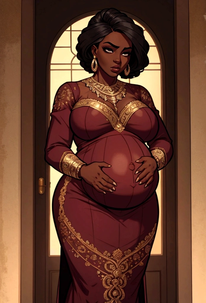 a pregnant dark-skinned woman, detailed face, beautiful eyes, full lips, dramatic expression, heavy belly, portrait, oil painting, dramatic lighting, chiaroscuro, Renaissance art style, muted colors, cinematic, epic