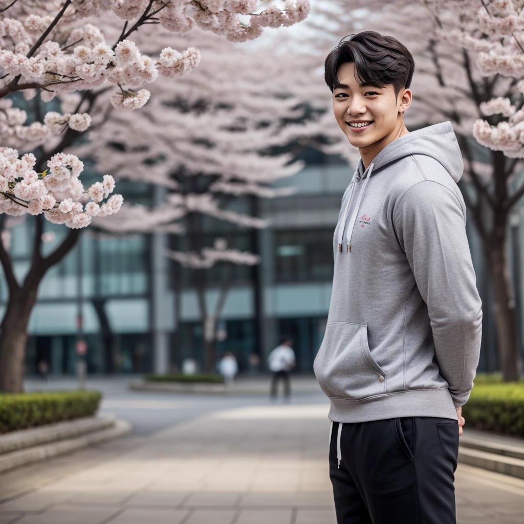 ((hyperdetail)), ((hyperrealistic)), ((hyperrealism)), Professional, Angle camera shooting from below, realistic, High level of detail, Full body photo of 25 years old Korean male, alone, just 1 man, one man, face like Jungkook BTS, nice hair like Jungkook BTS hair, nice eyes, wearing plain hoodie, wearing joggers, wearing sneakers, full body, fit body almost 75 kg bodyweight weight and 185 cm body height, fit body like gym trainer, not thin and not fat, standing posing for a photo, chill on a city park, photogenic pose, smile pose, dancing pose, (random standing pose: 1.3) ,Natural light, (Attractive young man:1.3), (seductive:1.1), (blush:1.1), bacgkround at street near seoul district , E-world Seoul, cherry blossom at Seoul, beautiful cherry blossom, shower of sunshine, ((cool dancing pose)), ((gentleman pose)), ((ISO 1600)), ((50mm lens)), ((wide shot)),