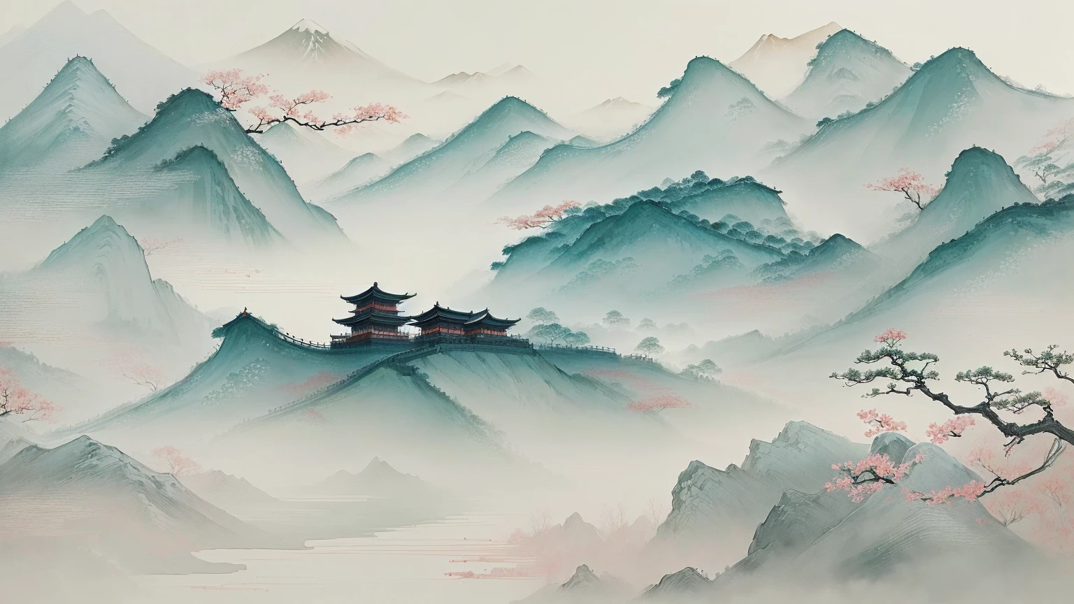 There is a painting,There is a mountain in the painting,There is a pagoda in the middle, Chinese scenery, 中traditional Chinese painting风格, Chinese style painting, traditional Chinese painting, Chinese watercolor style, Traditional Chinese Art, Oriental Wallpaper, Chinese Fantasy, Traditional Chinese watercolor, Inspired by Ma Yuan, Traditional Chinese ink painting, Intricate ink painting details, Japanese style painting, mist, Traditional Japan