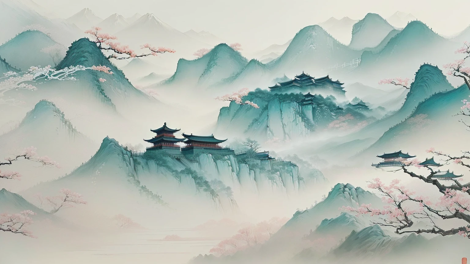 There is a painting，There is a mountain in the painting，There is a pagoda in the middle, Chinese scenery, 中traditional Chinese painting风格, Chinese style painting, traditional Chinese painting, Chinese watercolor style, Traditional Chinese Art, Oriental Wallpaper, Chinese Fantasy, Traditional Chinese watercolor, Inspired by Ma Yuan, Traditional Chinese ink painting, Intricate ink painting details, Japanese style painting, mist, Traditional Japan