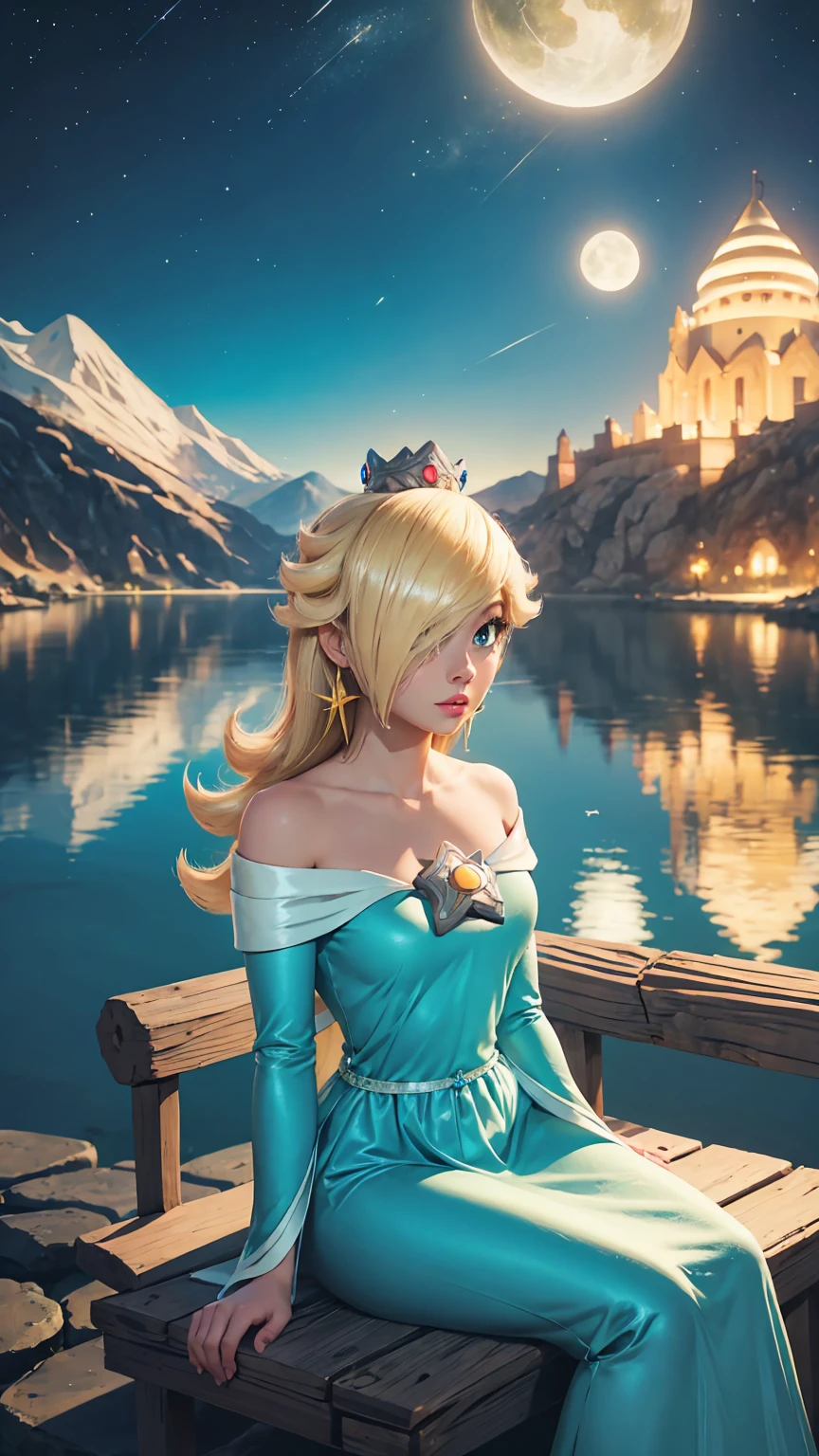 1 girl blonde Rosalina, wearing long blue greek dress, disney animation style, 2D, best quality, digital art, in greek mount olympus, sitting by the lake at night, wondering expression, contemplative mind