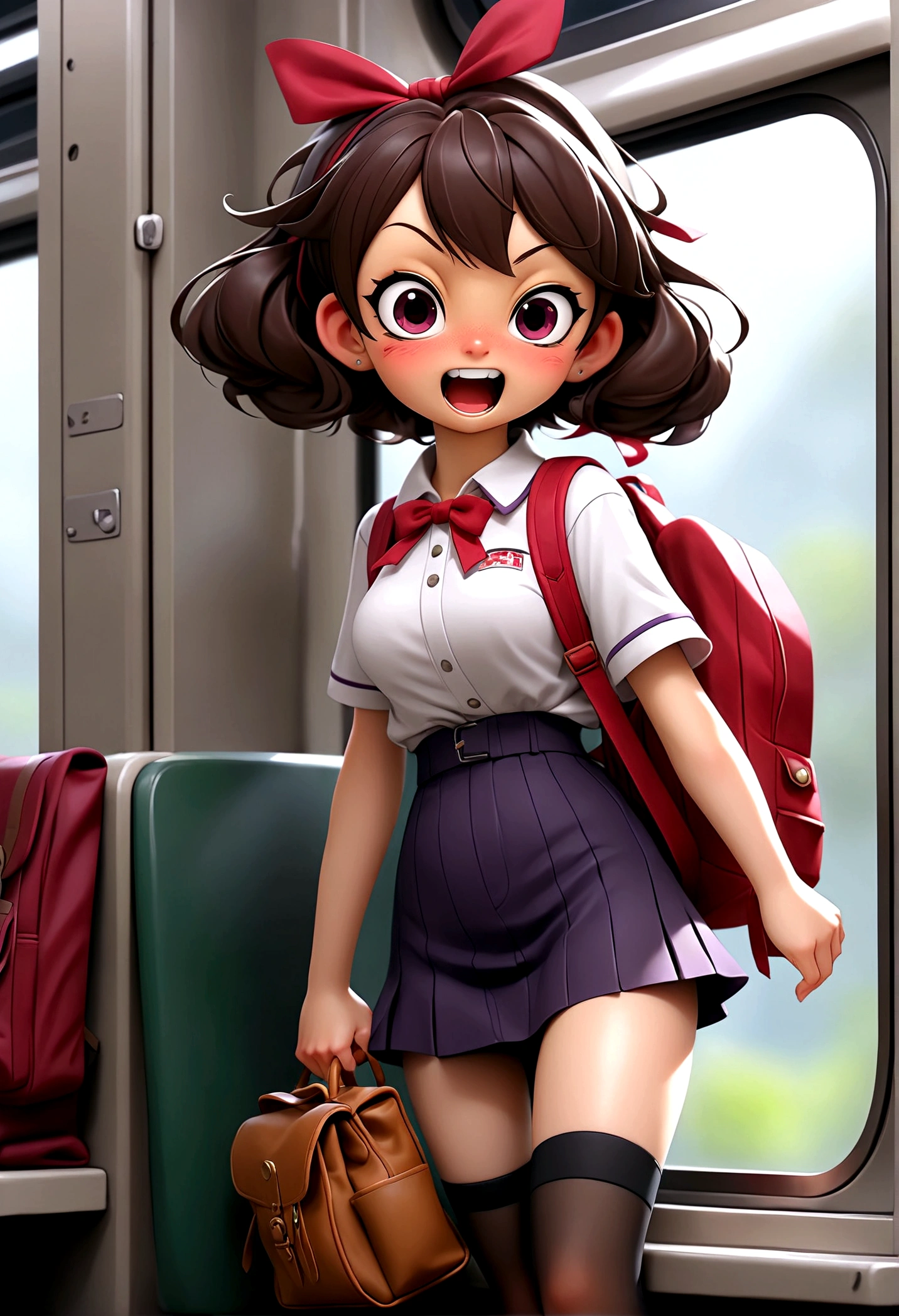 masterpiece, Highest quality, Nico_Yazawa,High resolution, 1 Girl, alone, Brown Hair, short hair, Twin tails、Purple eyes,  , , (Cleavage)、(Beautiful thighs), Carrying a red backpack, (randoseru backpack:1.2) Sweaty、Thick thighs、Highest quality、4K、1girl, 8years old, loli, cute, grin, 、School Swimsuit、on the train、Many passersby are surrounding the girl.、、Thick thighs、Ahegao、Men holding their penises and surrounding girls、Semen from the penis、Bukkake、Bukkake、（Bukkake）projectile cum、Blowjob