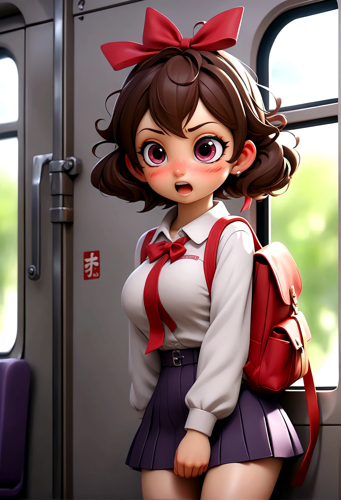 masterpiece, Highest quality, Nico_Yazawa,High resolution, 1 Girl, alone, Brown Hair, short hair, Twin tails、Purple eyes,  , , (Cleavage)、(Beautiful thighs), Carrying a red backpack, (randoseru backpack:1.2) Sweaty、Thick thighs、Highest quality、4K、1girl, 8years old, ****, cute, grin, 、School Swimsuit、on the train、Many passersby are surrounding the girl.、、Thick thighs、Ahegao、Men holding their penises and surrounding girls、Semen from the penis、Bukkake、Bukkake、（Bukkake）projectile cum、Blowjob