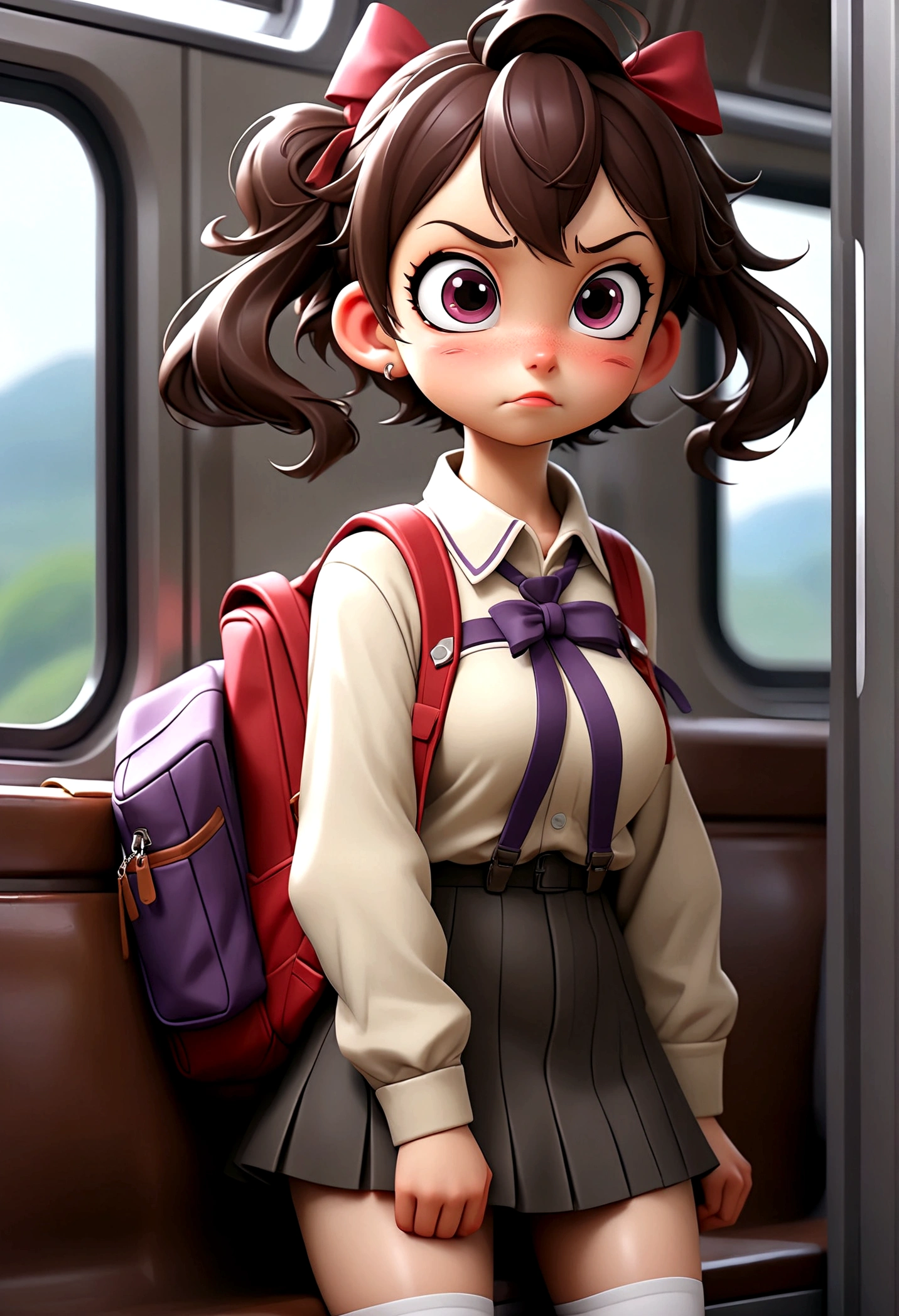 masterpiece, Highest quality, Nico_Yazawa,High resolution, 1 Girl, alone, Brown Hair, short hair, Twin tails、Purple eyes,  , , (Cleavage)、(Beautiful thighs), Carrying a red backpack, (randoseru backpack:1.2) Sweaty、Thick thighs、Highest quality、4K、1girl, 8years old, ****, cute, grin, 、School Swimsuit、on the train、Many passersby are surrounding the girl.、、Thick thighs、Ahegao、Men holding their penises and surrounding girls、Semen from the penis、Bukkake、Bukkake、（Bukkake）projectile cum、Blowjob