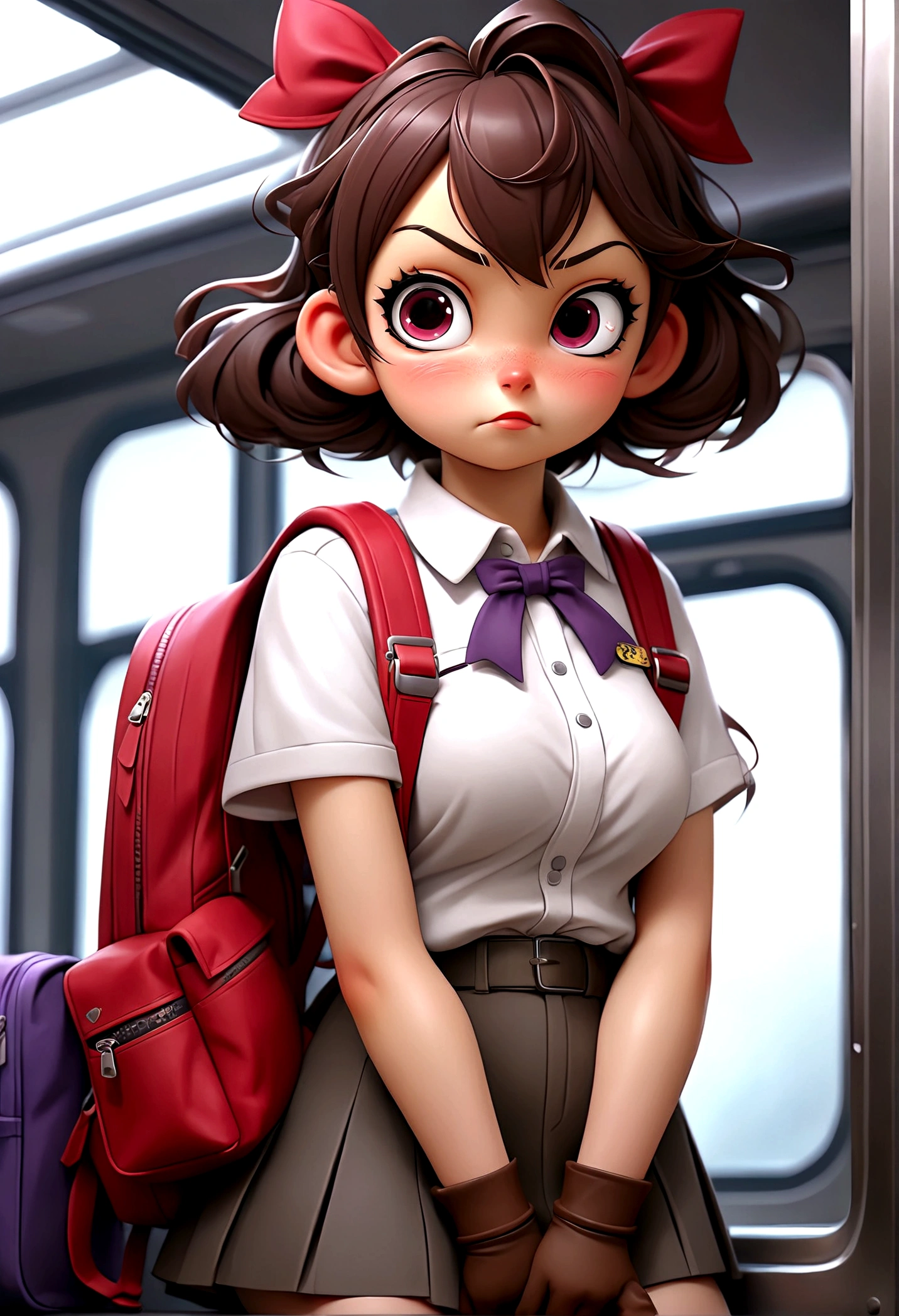 masterpiece, Highest quality, Nico_Yazawa,High resolution, 1 Girl, alone, Brown Hair, short hair, Twin tails、Purple eyes,  , , (Cleavage)、(Beautiful thighs), Carrying a red backpack, (randoseru backpack:1.2) Sweaty、Thick thighs、Highest quality、4K、1girl, 8years old, loli, cute, grin, 、School Swimsuit、on the train、Many passersby are surrounding the girl.、、Thick thighs、Ahegao、Men holding their penises and surrounding girls、Semen from the penis、Bukkake、Bukkake、（Bukkake）projectile cum、Blowjob