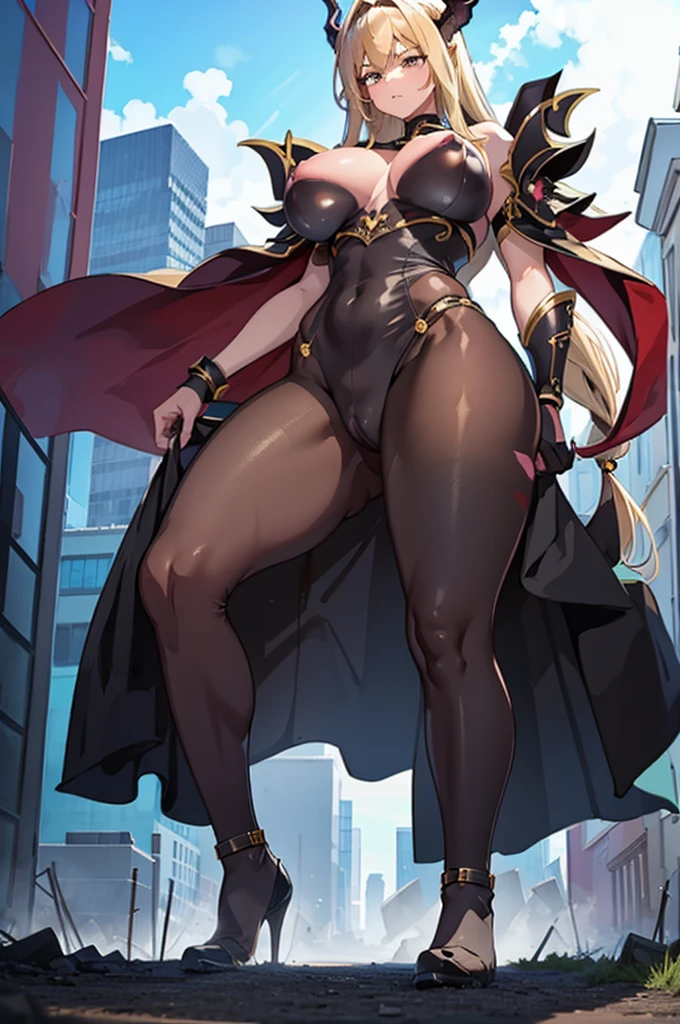 A very giantess succubus stands in the middle of a small town crushing tiny people. The camera perspective is from very below, which emphasizes her imposing stature. The giantess wears an outfit that accentuates all her curves, especially her long legs and large calves. Her posture, with her hands on her hips and a defiant expression on her face, exudes dominance. The tall buildings around her seem tiny in comparison. Closer photo, long legs, big calves, heels, tiny people, transparent pantyhose, luxury, tall succubus