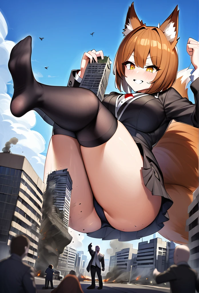 huge，brown hair，fox ears，Teenage girl，short skirt，Teasing the villain，A giant girl taller than a building，Wearing black knee socks，city-destroying，miniature city，lifting one&#39;s feet，Ready to stampede，Toyed around，low angle of view，shrouded in the villain，Lifted up the skirt，arrogant, large breast 
