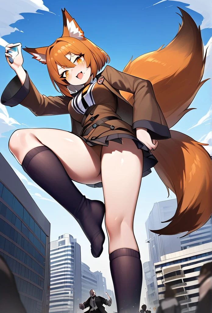 huge，brown hair，fox ears，Teenage girl，short skirt，Teasing the villain，A giant girl taller than a building，Wearing black knee socks，city-destroying，miniature city，lifting one's feet，Ready to stampede，Toyed around，low angle of view，shrouded in the villain，Lifted up the skirt，arrogant, large  
