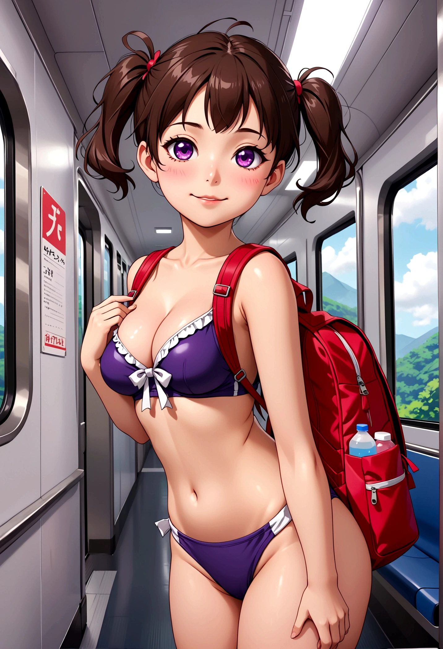 masterpiece, Highest quality, Nico_Yazawa,High resolution, 1 Girl, alone, Brown Hair, short hair, Twin tails、Purple eyes,  , , (Cleavage)、(Beautiful thighs), Carrying a red backpack, (randoseru backpack:1.2) Sweaty、Thick thighs、Highest quality、4K、1girl, 8years old, loli, cute, grin, 、School Swimsuit、on the train、Many passersby are surrounding the girl.、、Thick thighs、Ahegao、Men holding their penises and surrounding girls、Semen from the penis、Bukkake、Bukkake、（Bukkake）projectile cum、Blowjob