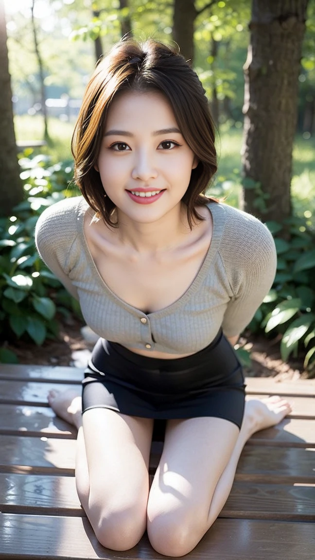 (Skin blemishes:1.2), (Skin Indentation), Dark circles, 1Missl, 25 years old, (((Miss))), Solitary, Practical, best quality, Reality, proficient, 8K, high resolution, Solitary, Extremely detailed face, (Professional lighting，Bokeh），（Light Particles，lens flare，Glowing particles：0.6），（Dynamic poses：1.2），Soft Lighting，Top angle view，fashionable atmosphere， (A girl in the forest),（（During the day)), sky sky, ((Looking at the audience:1)), (Looking at the camera), Gorgeous, stand up, Maintain original  proportions, Shave your shoulders, Full Body Love, (Medium ), (Short and delicate hair), Brown hair, Flutter, Open lips, Lipstick, 迷人的Smile, Smile, Open your mouth, teeth, (Blue grey tight sweater), (White）（Business ), eyelash, birthmark, (Mole under the eye: 1),Proportionate legs, Thin and white，A pair of lotus feet，White and tender，No shoes，Delicate and beautiful feet，Focus on the ，Full body image