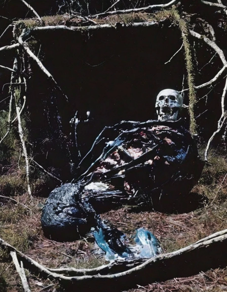 film photography, vintage, arthouse shoot of horror items in dark night forest