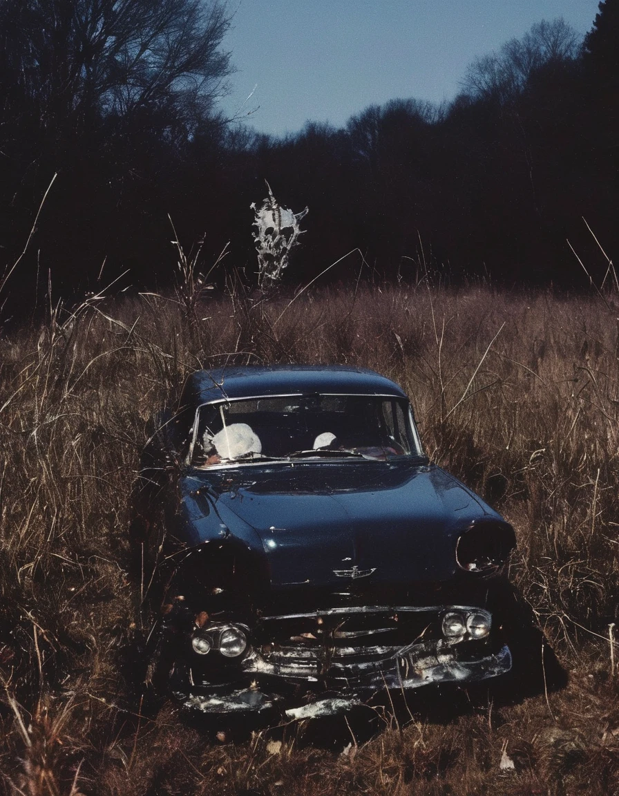 film photography, vintage, arthouse shoot of horror items in dark night forest