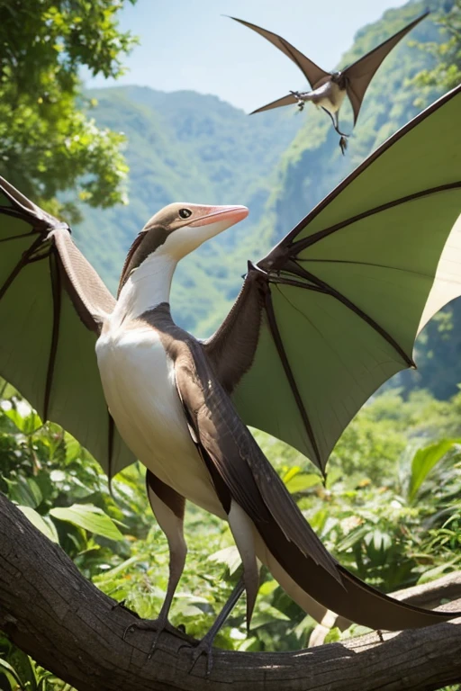 There is only one Pteranodon、Gliding straight and at high speed parallel to the ground、The whole body is parallel to the ground、Big eyes、The body is thin and long、A long, pointed protrusion is attached to the back of the head.、A pair of long wings on its back、There is only one pair of hind legs、The hind legs are thin and bird-like.、They have only one tail, which is long and pointed.
