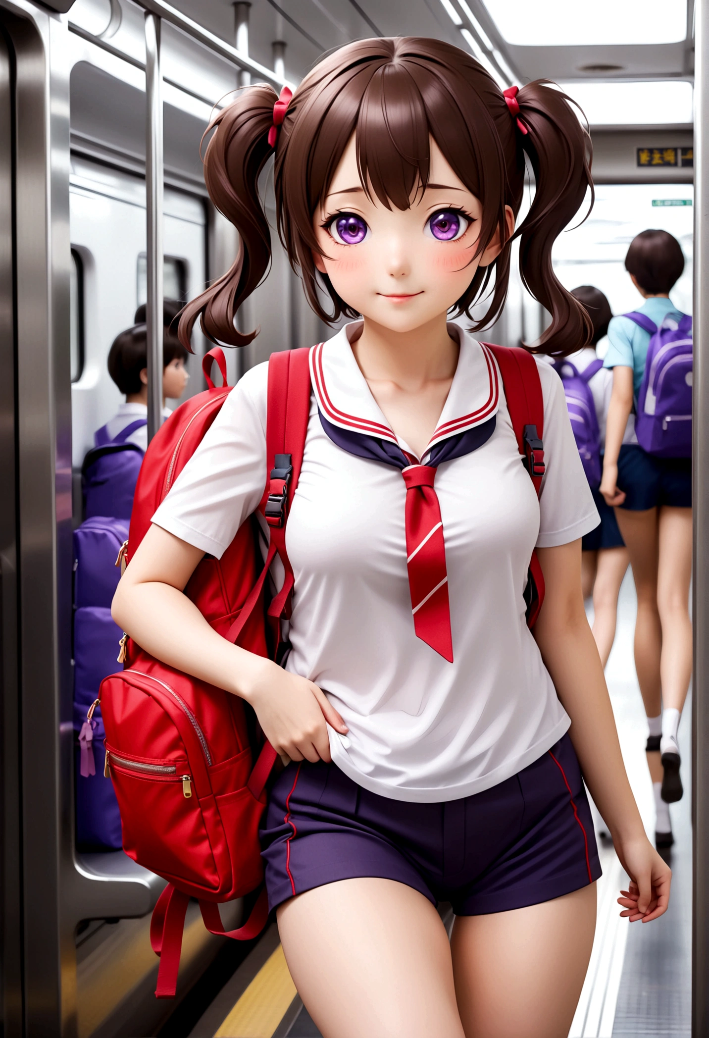 masterpiece, Highest quality, Nico_Yazawa,High resolution, 1 Girl, alone, Brown Hair, short hair, Twin tails、Purple eyes,  , , (Cleavage)、(Beautiful thighs), Carrying a red backpack, (randoseru backpack:1.2) Sweaty、Thick thighs、Highest quality、4K、1girl, 8years old, ****, cute, grin, 、School Swimsuit、on the train、Many passersby are surrounding the girl.、、Thick thighs、Ahegao、Men holding their penises and surrounding girls、Semen from the penis、Bukkake、Bukkake、（Bukkake）projectile cum、Blowjob