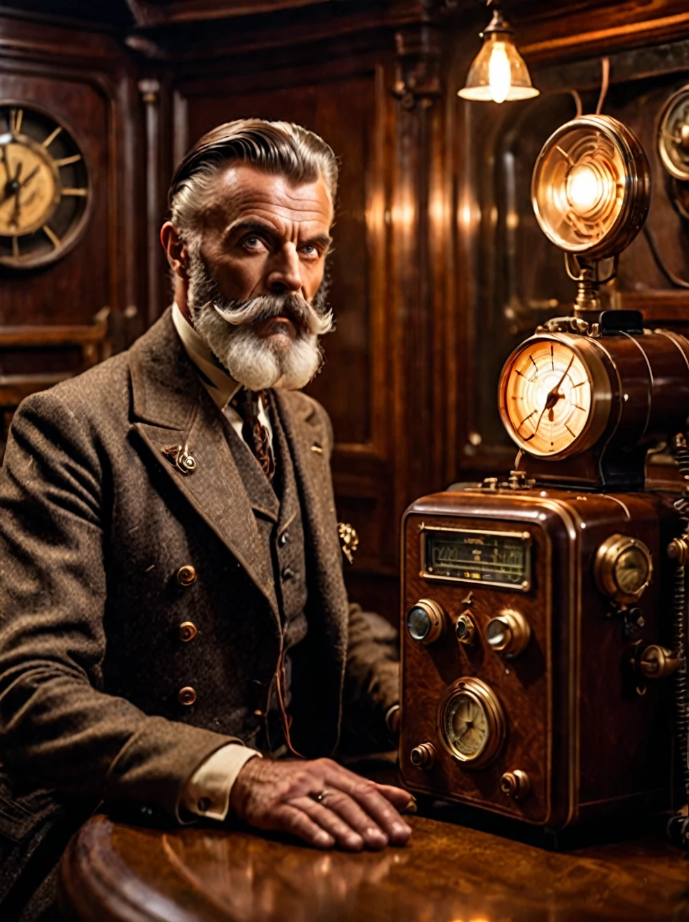 photo focus on male focus, indoors, realistic scenery, (captain nemo:1.1), retro-futuristic, using a thermionic radio, Bakelite radio, electricity, steampunk nautilus-style. very wide shot, character photo portrait, film, professional, 4k