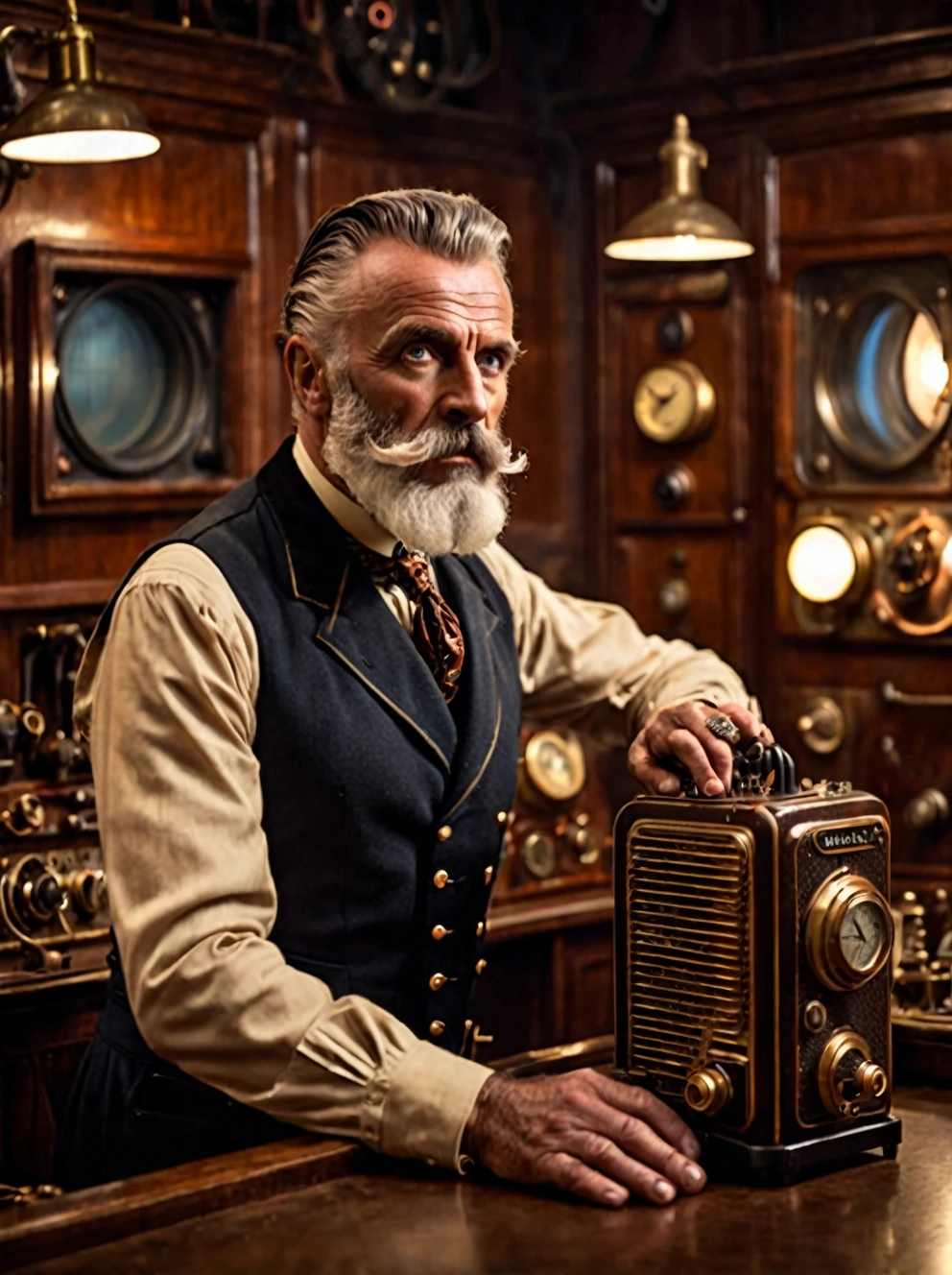 photo focus on male focus, indoors, realistic scenery, (captain nemo:1.1), retro-futuristic, using a thermionic radio, Bakelite radio, electricity, steampunk nautilus-style. very wide shot, character photo portrait, film, professional, 4k