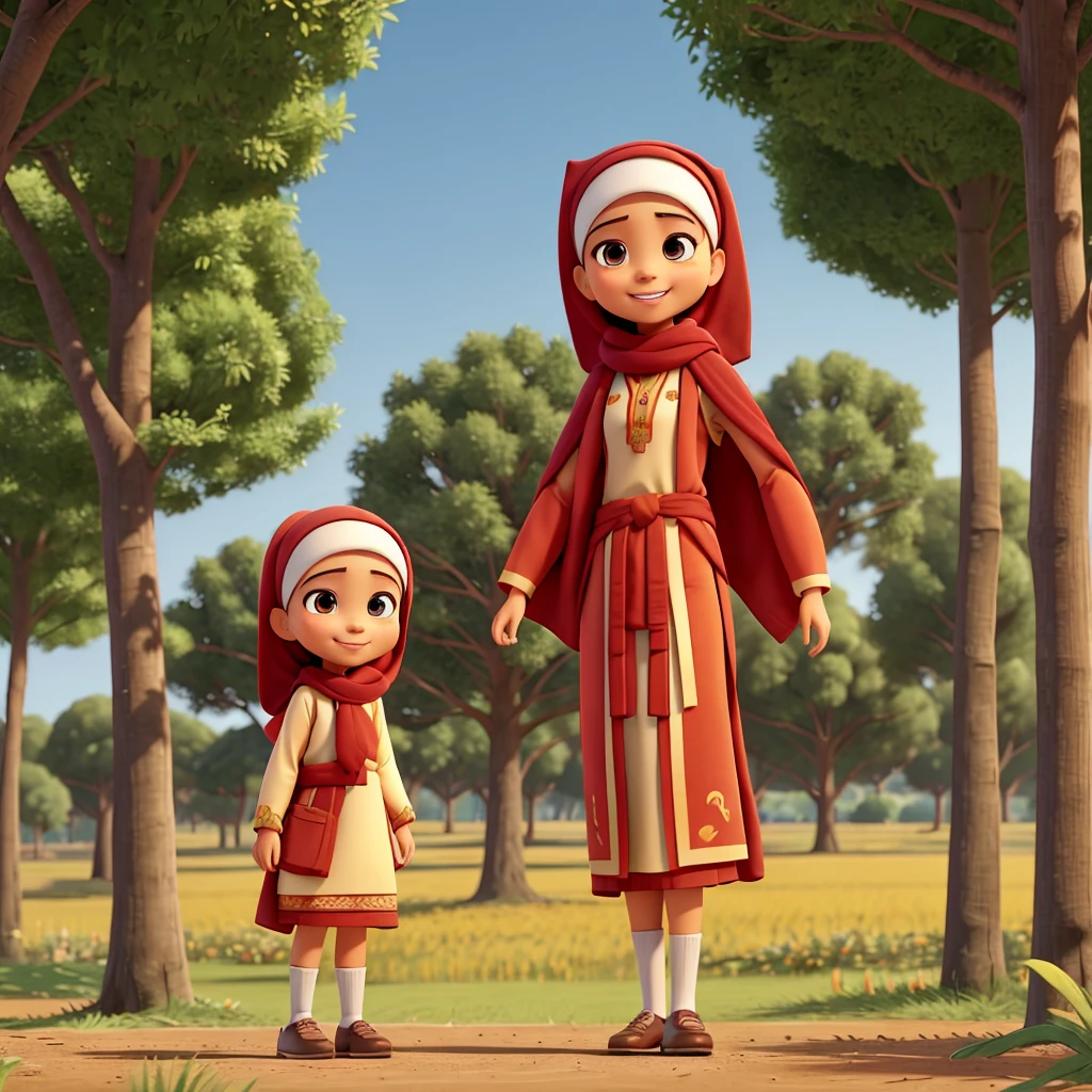 A girl wears a indonesian graduate outfit. she has wearing hijab. she has an ideal body. His expression is smilling. The background is a field filled with trees. The POV is taken at half body. 3D Animation. Disney Pixar style.