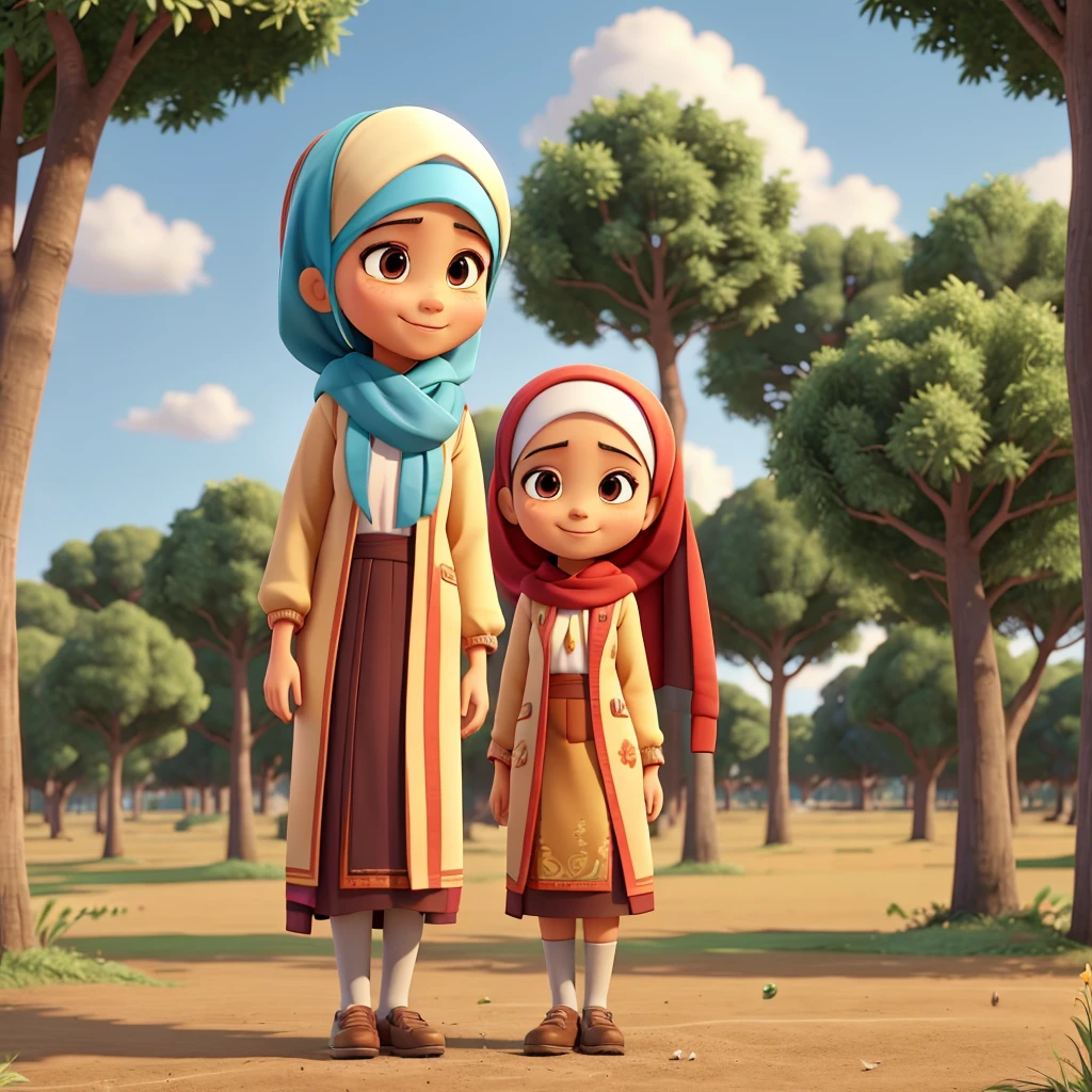 A girl wears a indonesian graduate outfit. she has wearing hijab. she has an ideal body. His expression is smilling. The background is a field filled with trees. The POV is taken at half body. 3D Animation. Disney Pixar style.