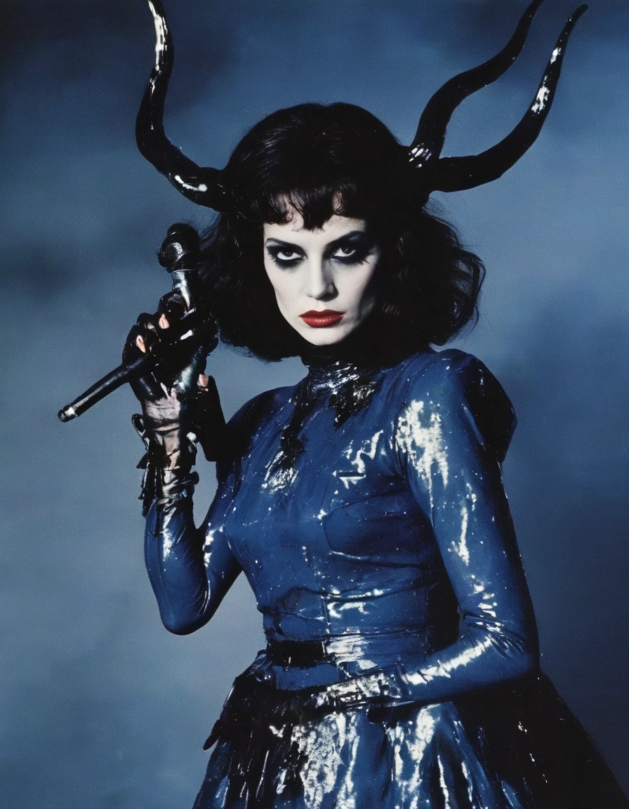 film photography, vintage, fashion shoot of female horror monster, blue dark background